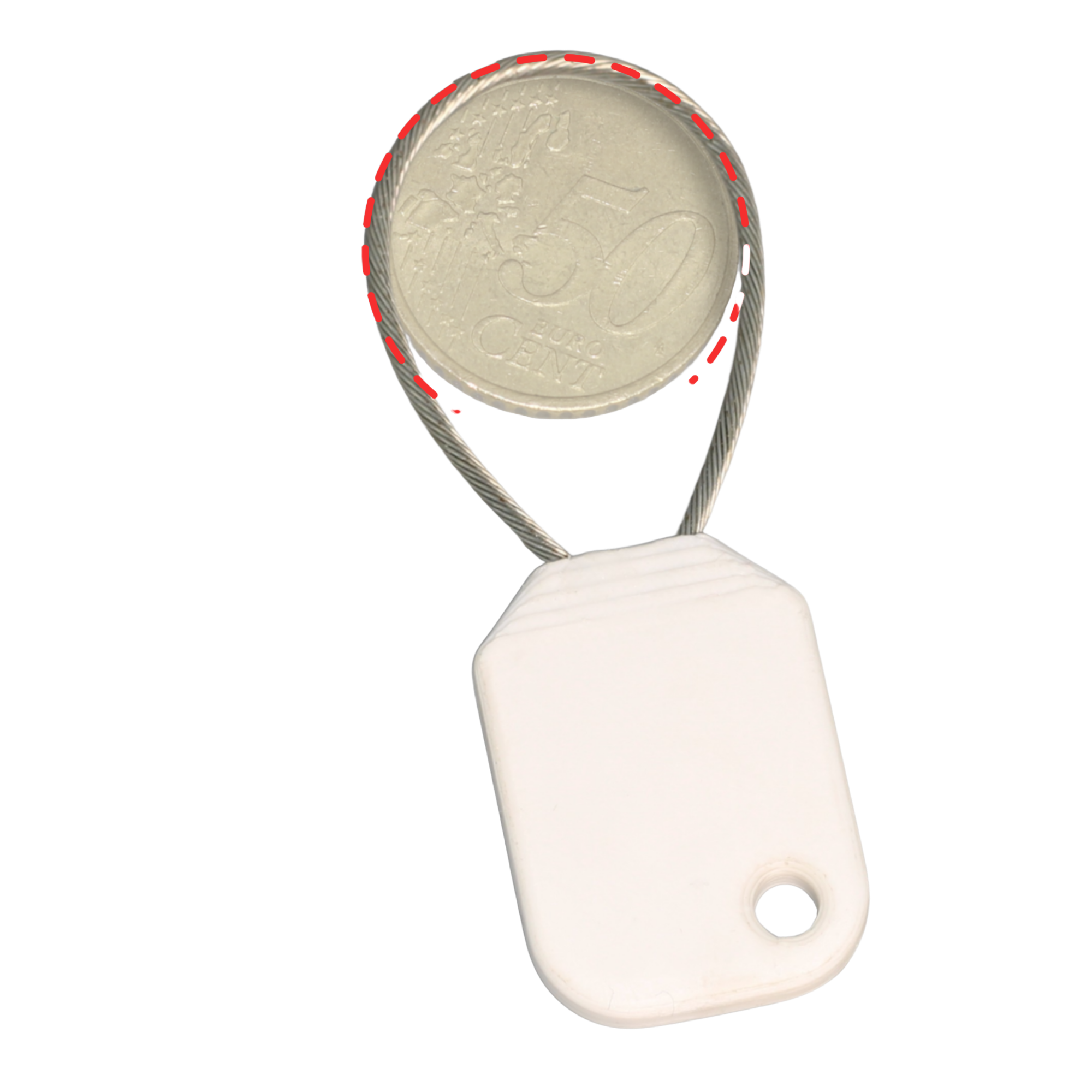 freecart Einkaufswagenentriegler Ein weißer Anhänger mit einer Schlaufe und einer Münze daneben.