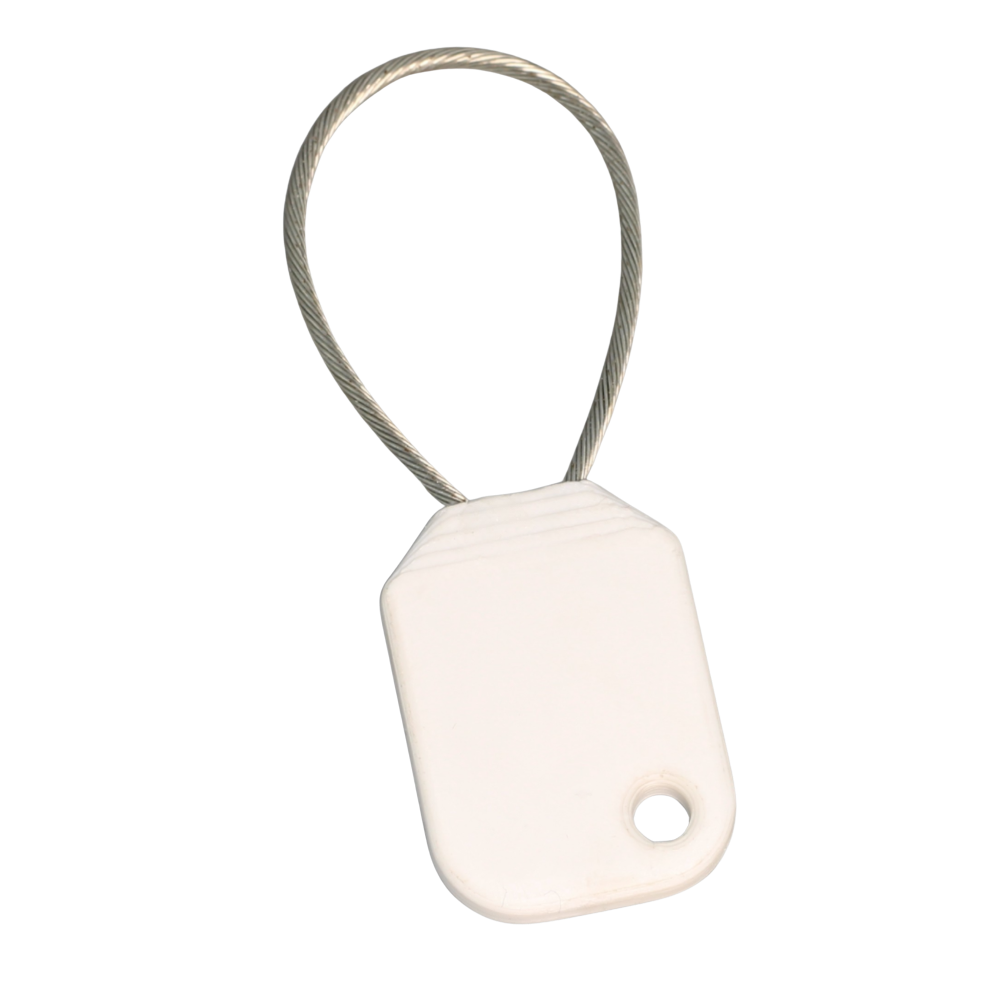 freecart Einkaufswagenentriegler Ein graues Etikett mit einem Metallring zum Anhängen.