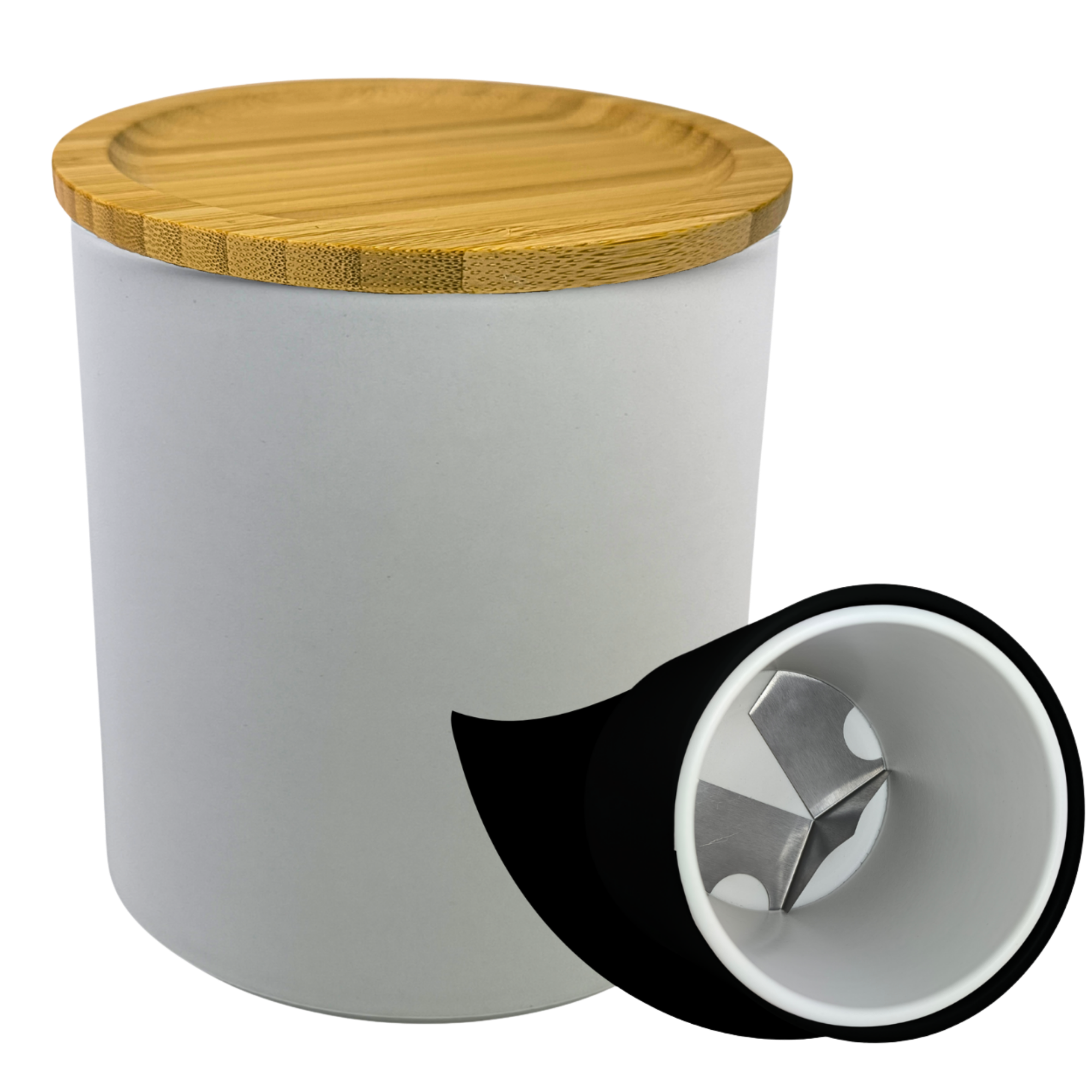 Purecase - Die Dose mit Klinge Runder Behälter mit holzfarbener Deckel und einem abgerundeten Boden.