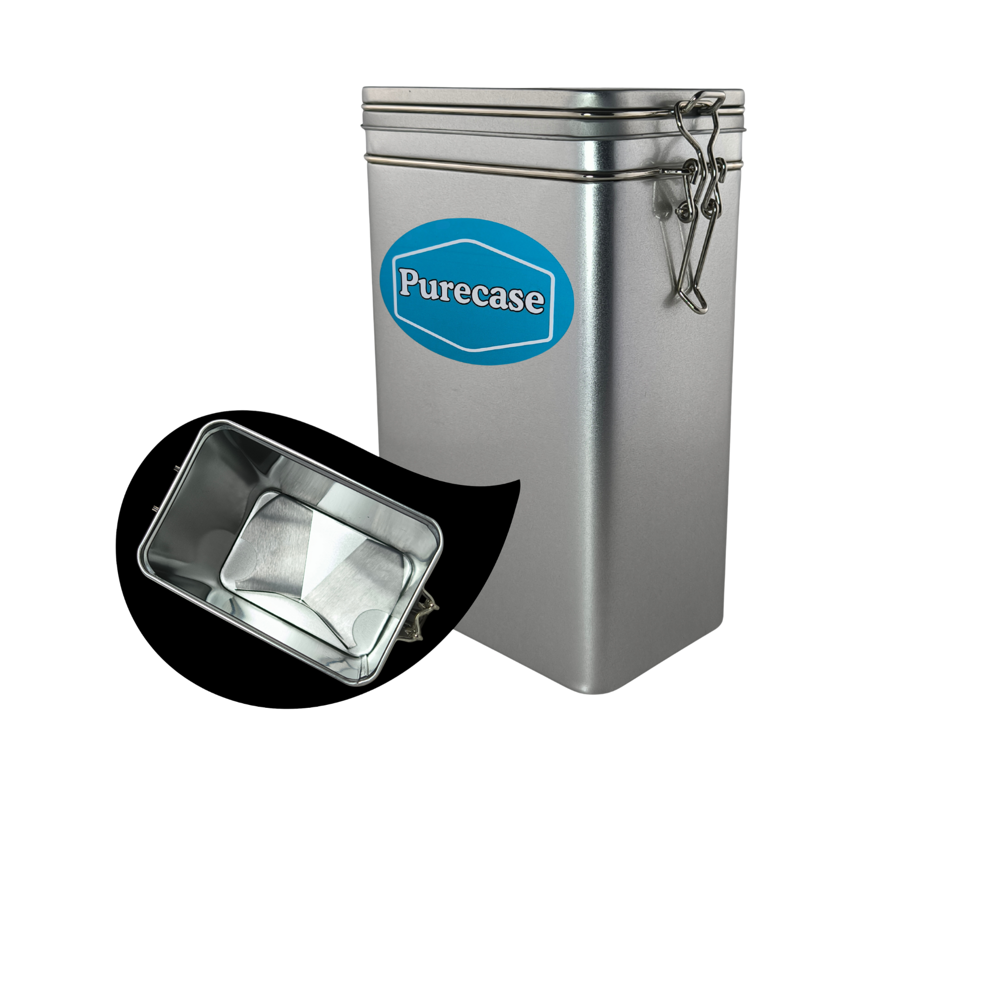Purecase - Die Dose mit Klinge Glänzender silberner Behälter mit einem blauen „Purecase“-Logo und einer abnehmbaren Schale.