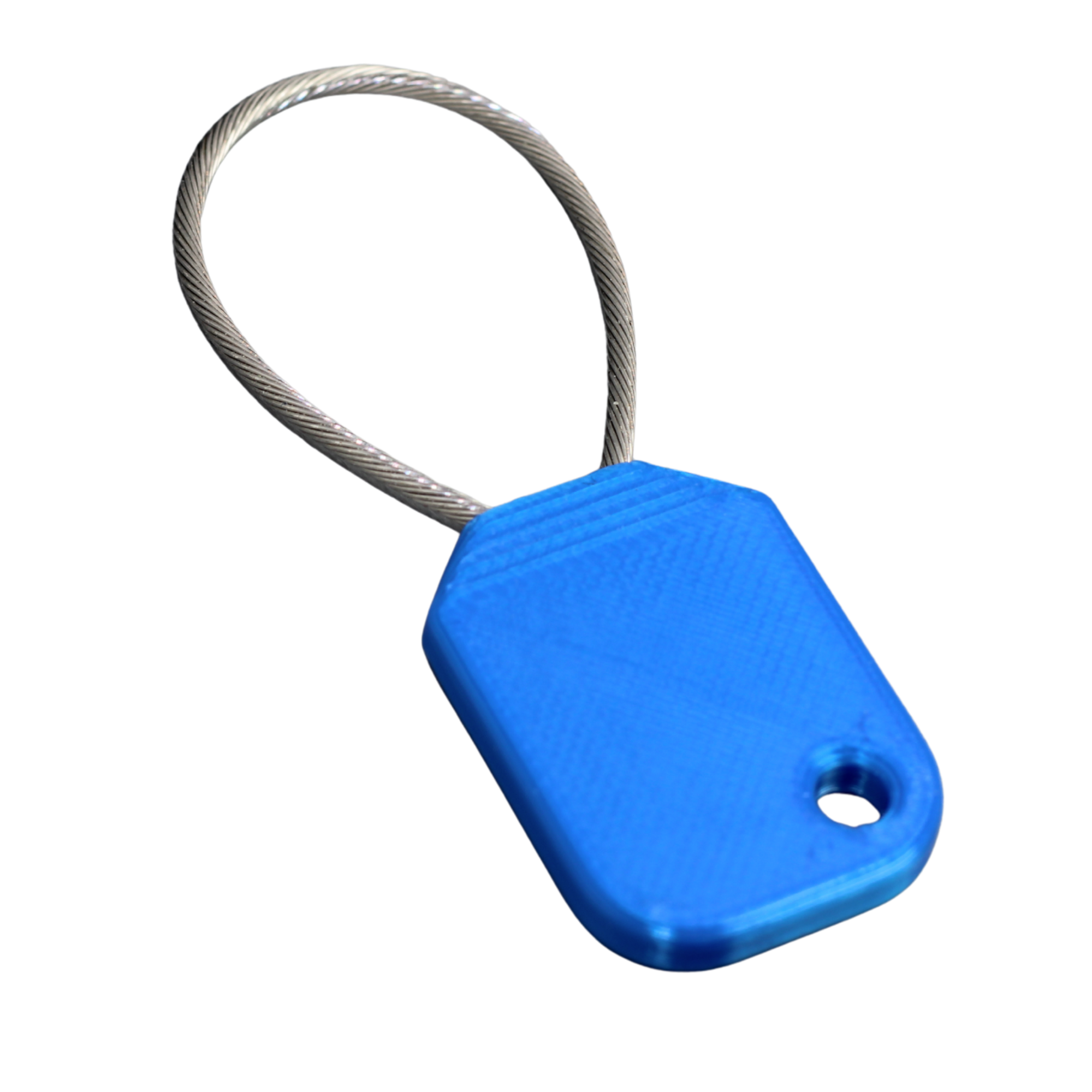 freecart Einkaufswagenentriegler Blauer Sicherheitsanhänger mit Kabelschlaufe zur Befestigung.