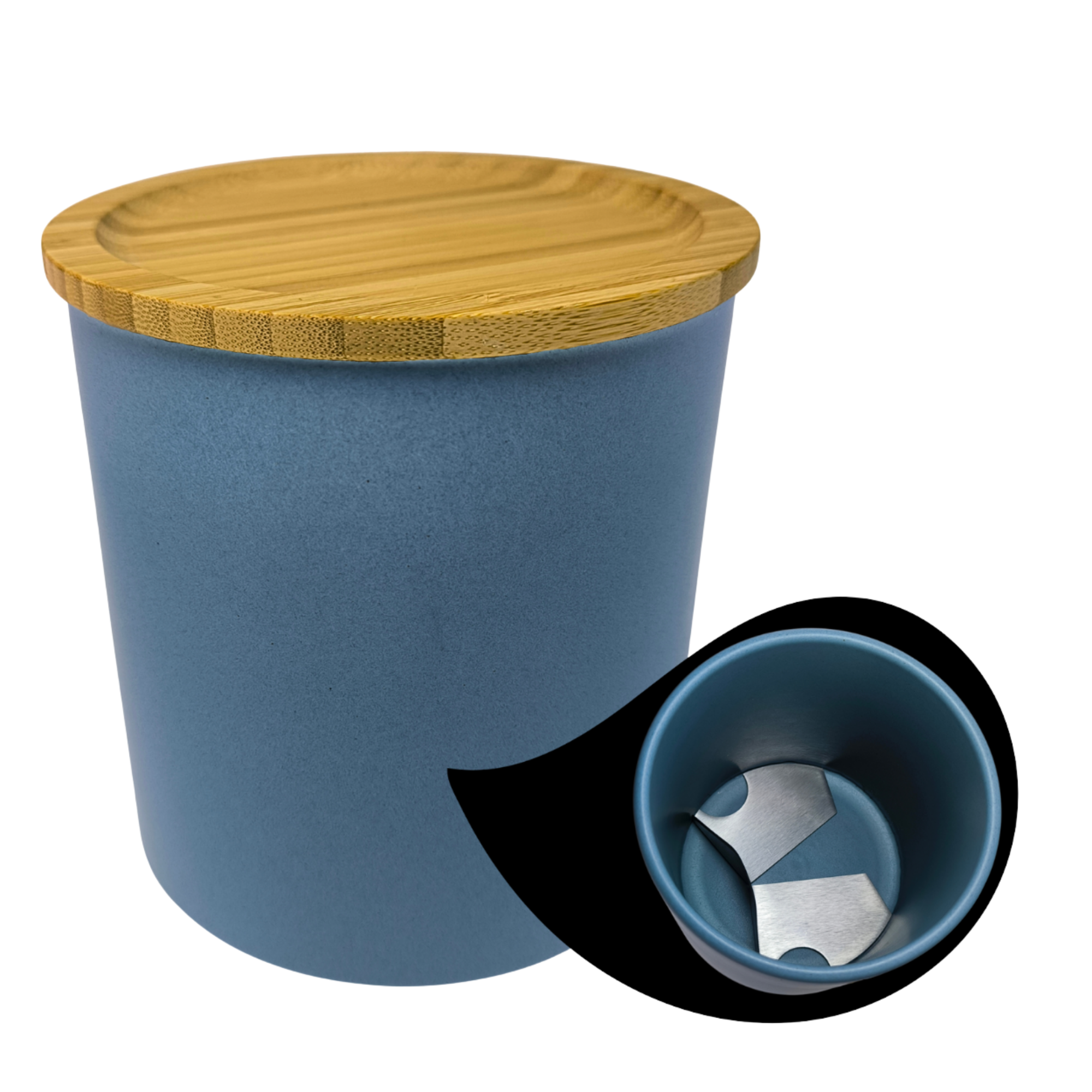 Purecase - Die Dose mit Klinge Blauer Behälter mit Holzdeckel, innen mit weißen, geschwungenen Formen.