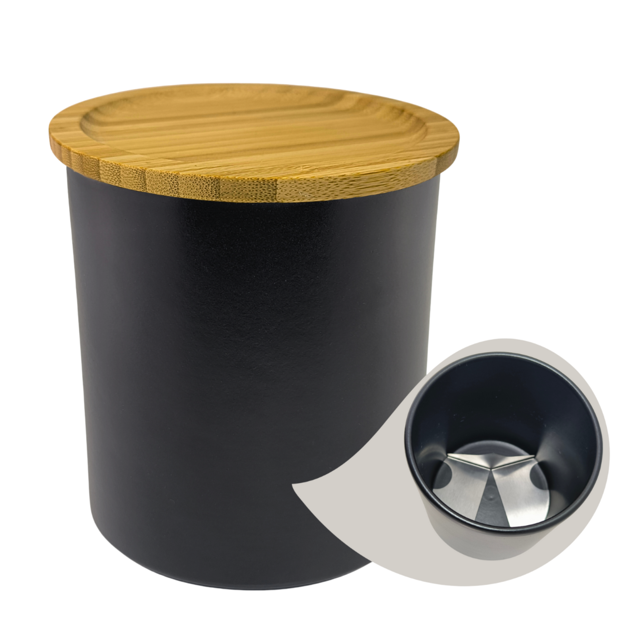 Purecase - Die Dose mit Klinge Schwarzer Behälter mit Holzdeckel, innen mit abgerundeten Ecken.